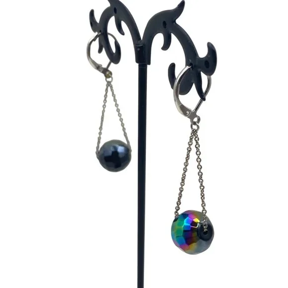 Glass AB Faceted Black Bead Necklace Earring Set Silver Tone 36" Chain 2" Dangle - Picture 7 of 8